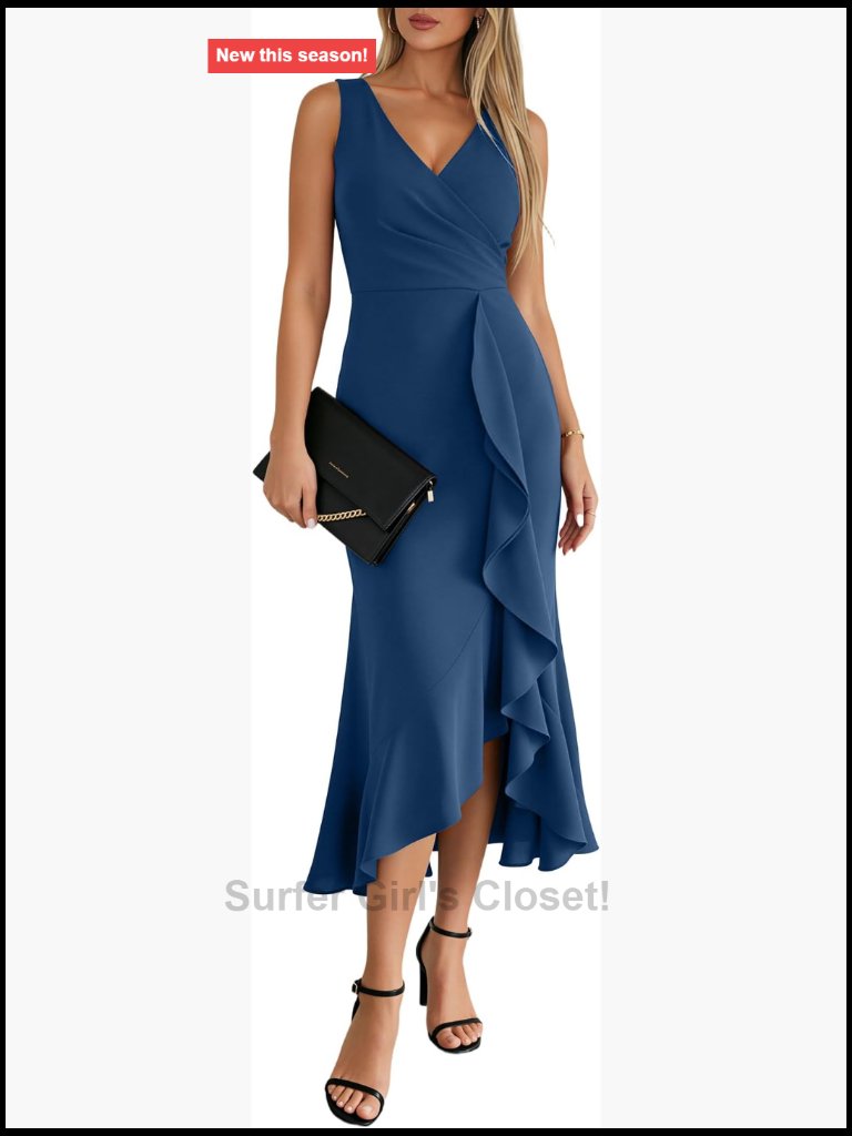 Sexy V-Neck Sleeveless Faux Wrap Ruched Midi Bodycon Dress Ruffle Hem